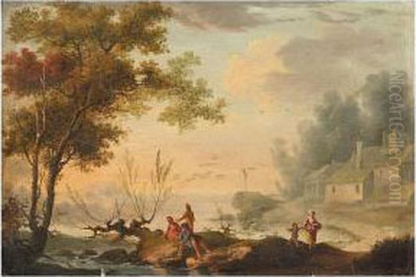 An Italianate Landscape With Fishermen, A Village Nearby Oil Painting by Simon Mathurin Lantara