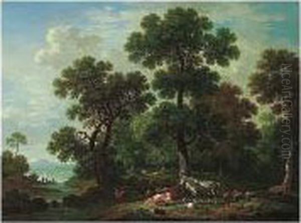 A Wooded Landscape With Cattle, 
Sheep And Horses Resting On The Banks Of A River, A Lake Beyond Oil Painting by Simon Mathurin Lantara