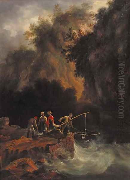 Fishermen netting fish off a rocky ledge in a mountainous wooded landscape Oil Painting by Condy, Nicholas Matthews