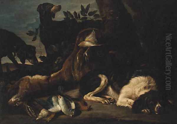 A Hunt Still Life with Hounds and a Spaniel guarding dead Game Oil Painting by David de Coninck