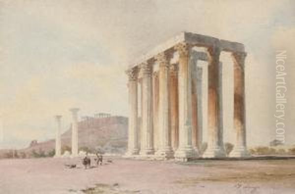 Travellers Before The Acropolis Oil Painting by Giovanni Giordano Lanza