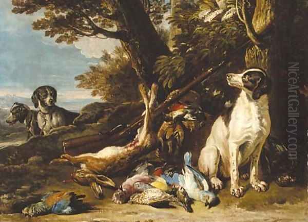 Hounds with dead game and a rifle in a landscape Oil Painting by David de Coninck