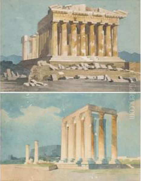 A View Of The Acropolis &amp; A View Of The Temple Of Olympus Zeus Oil Painting by Giovanni Giordano Lanza