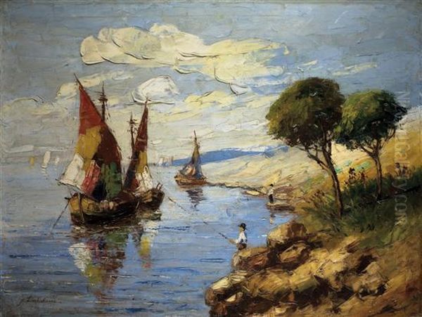 Bateau De Peche Sur La Mer Oil Painting by Georgi Alexandrovich Lapchine