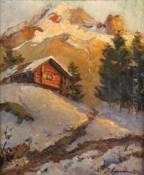 Chalet Dans La Montagne Enneigee Oil Painting by Georgi Alexandrovich Lapchine