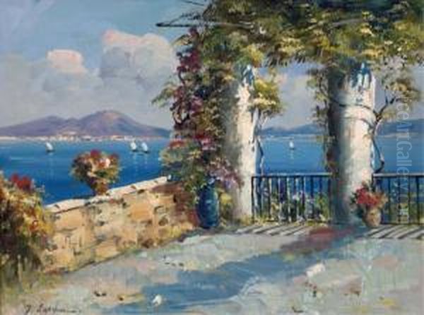 Verdant Terrace Overlooking A Sunlit Bay Oil Painting by Georgi Alexandrovich Lapchine