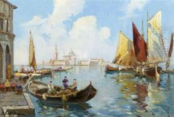 View Of Venice With Gondolas Oil Painting by Georgi Alexandrovich Lapchine