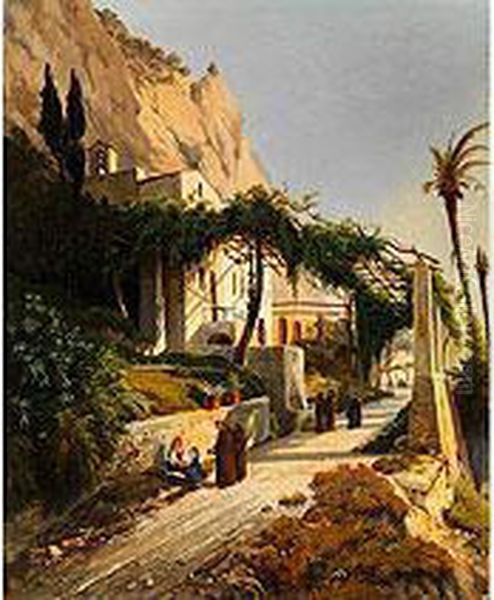 Monche Und Eine Italienerin Mit Kind Vor Einem Kloster Bei Amalfi Oil Painting by Louis Auguste Lapito