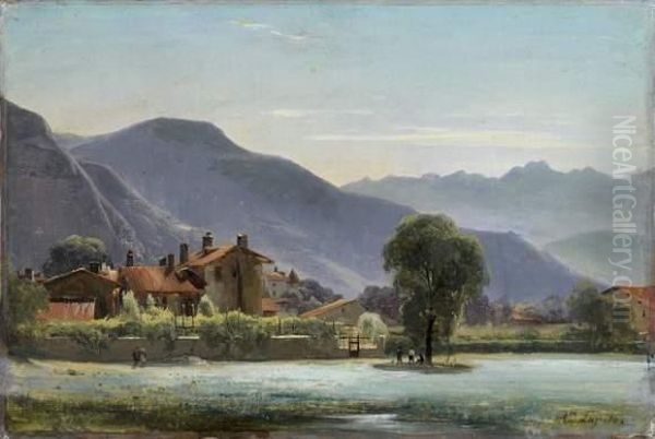 Village Au Pied Des Montagnes Oil Painting by Louis Auguste Lapito