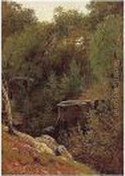 Wooded Landscape With An Artist Sketching In The Foreground Oil Painting by Louis Auguste Lapito