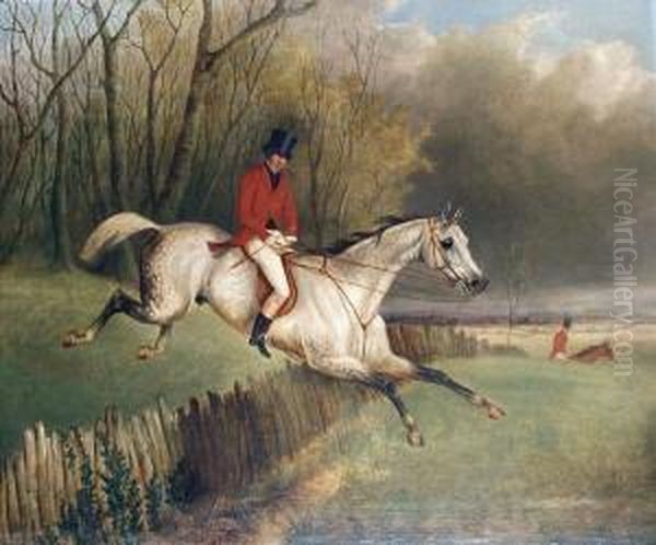 A Huntsman On A Dapple Grey Taking Afence Oil Painting by George Henry Laporte