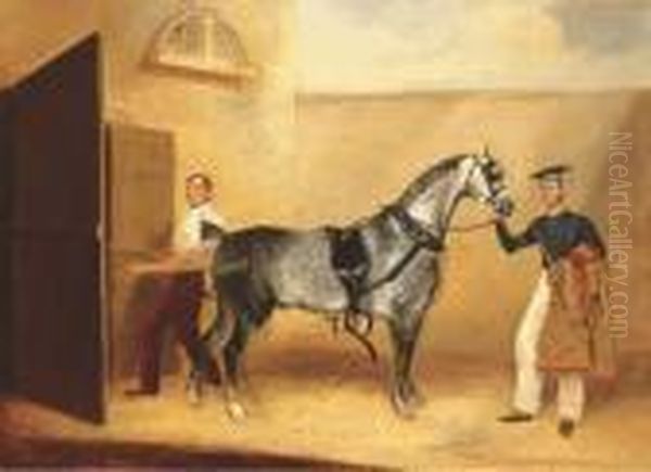 A Fourth Light Dragoons Trooper With A Grey Carriage Horse Outside A Stable Oil Painting by George Henry Laporte