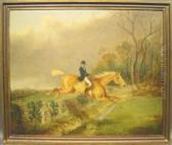 A Hunt In Full Cry, With Rider Taking A Wall Oil Painting by George Henry Laporte