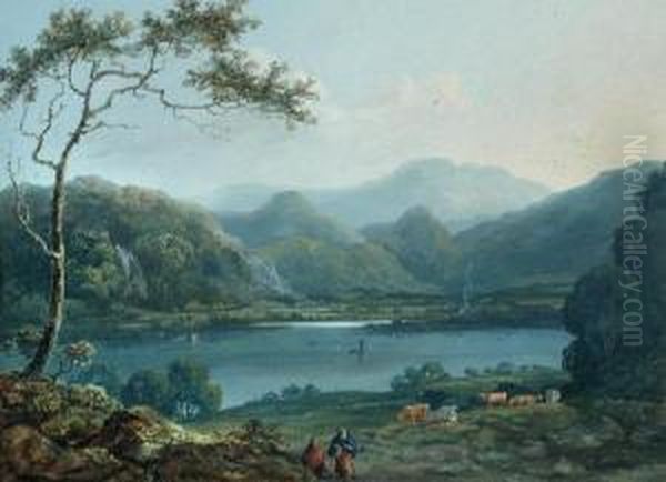 Lakelandlandscape With Walkers 
And Cattle Gouache 30 X 40cm Provenance:private Collection Oil Painting by John Laporte