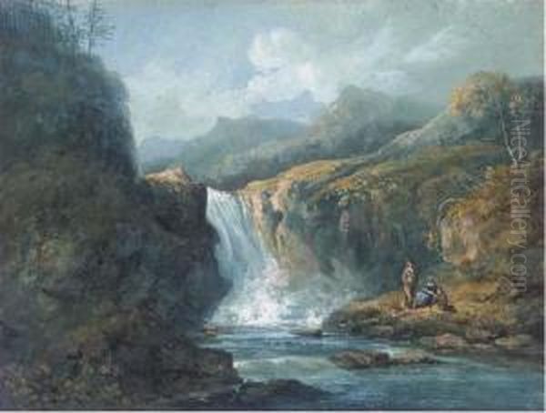 Anglers Before A Waterfall Oil Painting by John Laporte