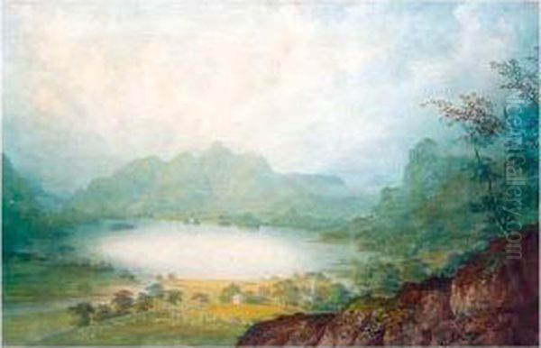 A River In Cumberland; Keswick Lake Oil Painting by John Laporte