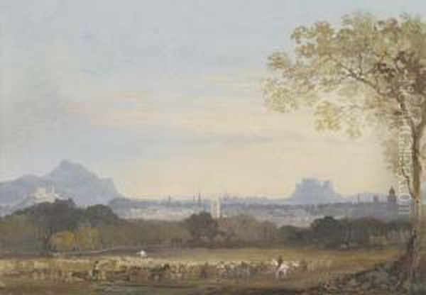 A Distant View Of Edinburgh From
 The North-east Showing The Castle, St Giles Cathedral On The Royal Mile
 And Salisbury Crags Oil Painting by John Laporte