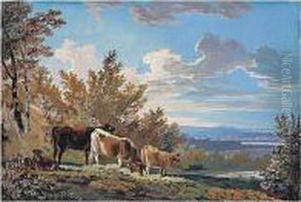 Cattle Grazing On A Hill, A River Beyond Oil Painting by John Laporte