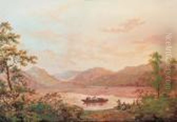 View On Lake Windermere With A Ferry Transporting Figures Andcattle, Cumbria Oil Painting by John Laporte