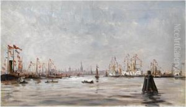 The Harbour Of Amsterdam On A Festive Day Oil Painting by Charles Lapostolet