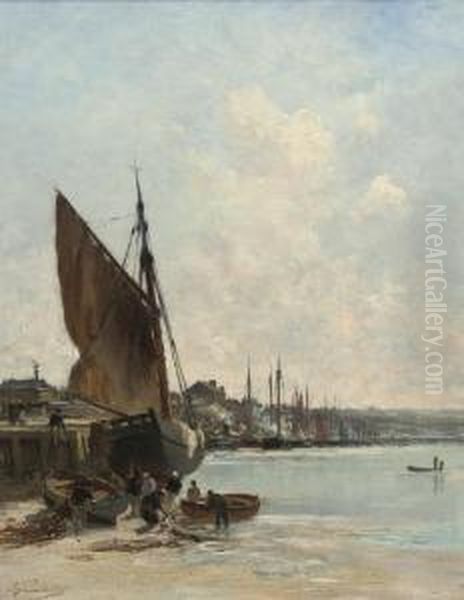 Mending The Nets Oil Painting by Charles Lapostolet