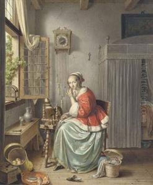 A Spinner Sitting Beside An Open Window Oil Painting by Willem Joseph Laquy