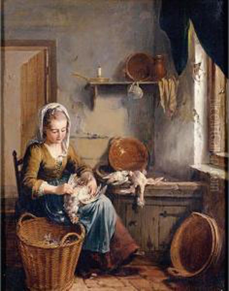 A Scullery Maid Preparing A Chicken Oil Painting by Willem Joseph Laquy