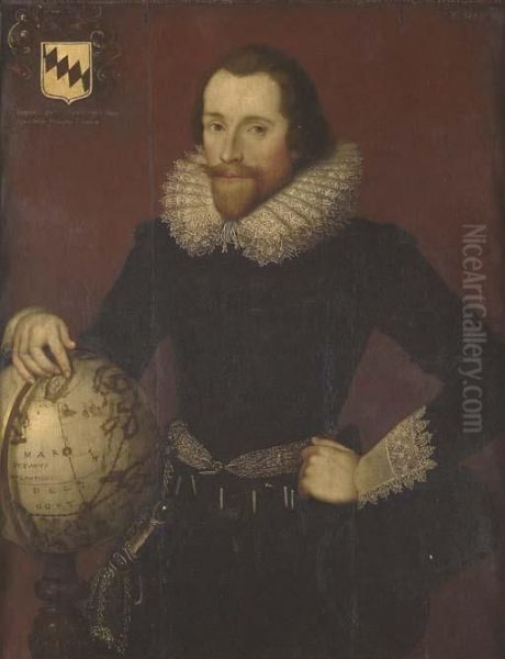 Portrait Of A Gentleman, 
Standing Three-quarter-length, In A Blackdoublet With White Lace Collar 
And Cuffs, His Right Hand On A Globepointing At Greenland Oil Painting by William Larkin