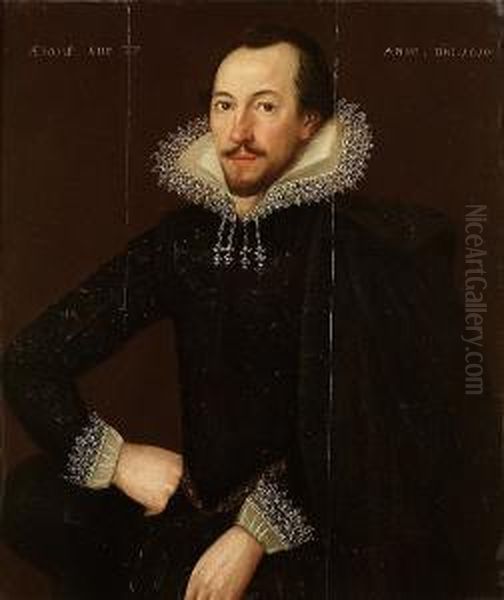 Portrait Of A Gentleman, Aged 
37, Half-length, In A Black Embroidered Doublet With A White Lace Collar
 And Cuffs, A Black Cloak Over His Left Shoulder And A Black Hat In His 
Right Hand Oil Painting by William Larkin