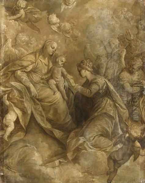 The Mystic Marriage of Saint Catherine of Alexandria, with angels and cherubim, en grisaille Oil Painting by Donato Creti