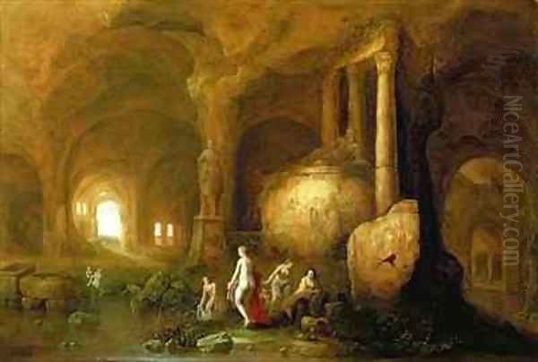 Nymphs Bathing by Classical Ruins Oil Painting by Abraham van Cuylenborch