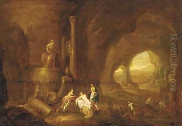 The interior of a grotto with nymphs bathing Oil Painting by Abraham van Cuylenborch