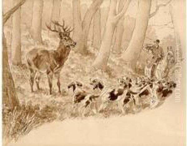 Chasse Du Cerf. Hallali Debout Oil Painting by Georges Larocque