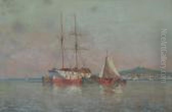 Primeras Maniobras En El Puerto De Montevideo Oil Painting by Manuel Larravide