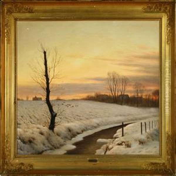 Winter Landscape With Astream Oil Painting by Adolf Larsen