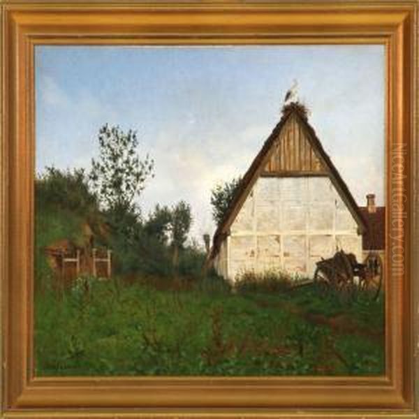 Farm Exterior From Zealand Oil Painting by Adolf Larsen