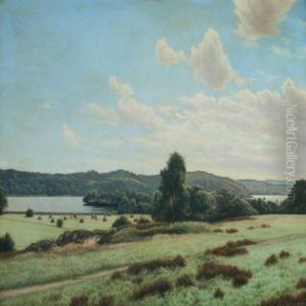 Landscape With Lake And Threes Oil Painting by Adolf Larsen