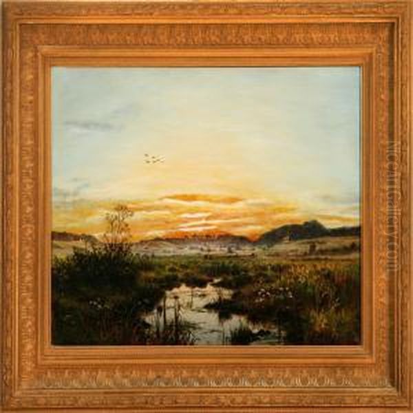 Overlooking A Meadow Landscape At Sunset Oil Painting by Adolf Larsen