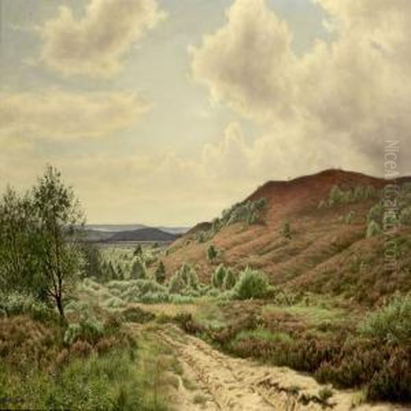 Flowering Heatherlandscape Oil Painting by Adolf Larsen