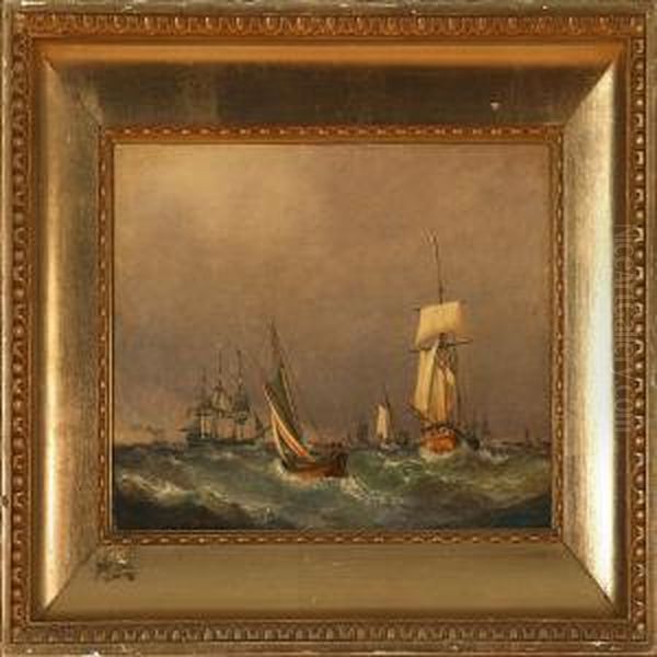 Marine With Several Sailing Ships In Rough Sea Oil Painting by Emanuel Larsen