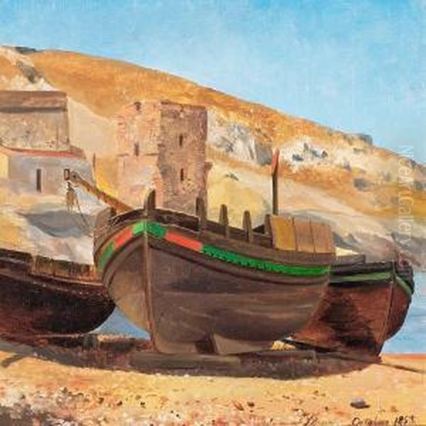 Boats On The Shore Oil Painting by Emanuel Larsen