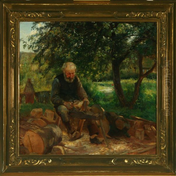 Garden Exterior With A Bootmaker At Work Oil Painting by Knud Larsen