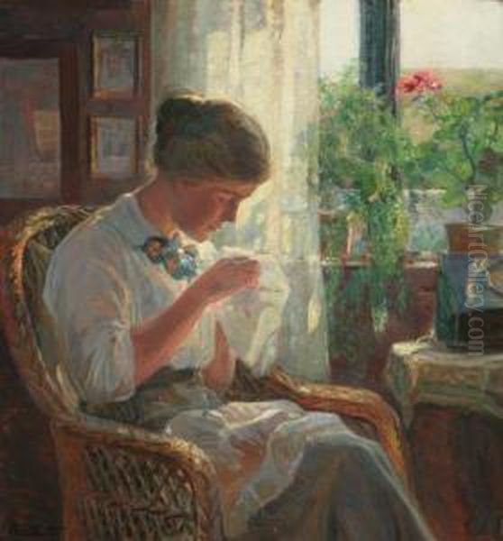 Lady Sewing By A Window Oil Painting by Knud Larsen