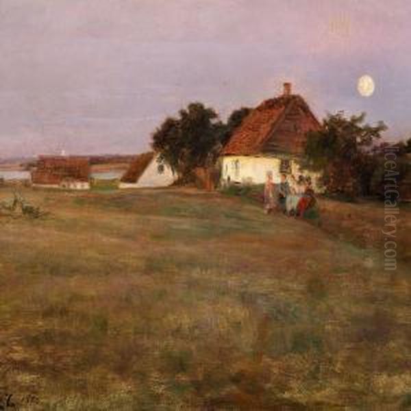 Children In A Field On A Summer Evening At Full Moon Oil Painting by Knud Larsen