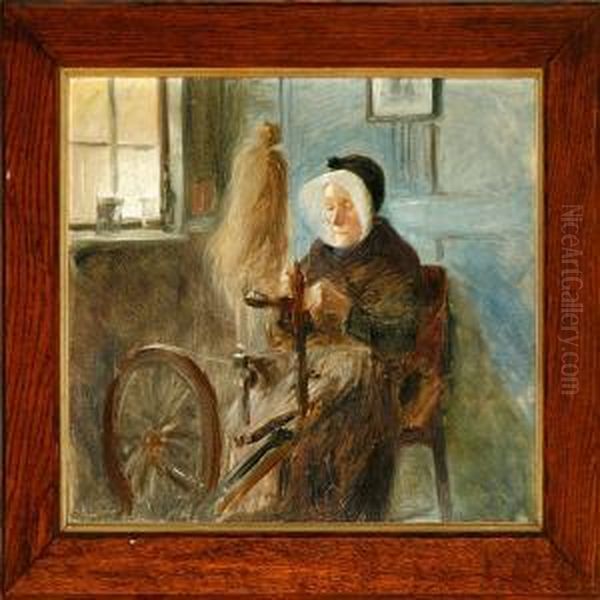 Country Interior With A Peasant Wife At Her Spinning Wheel Oil Painting by Knud Larsen