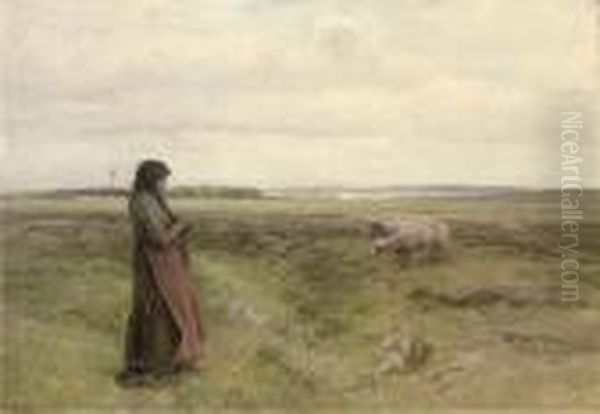 A Shepherdess Knitting Oil Painting by Knud Larsen