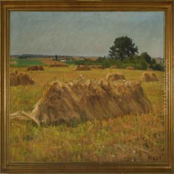 Landscape With Haycocks Oil Painting by Thorvald Larsen