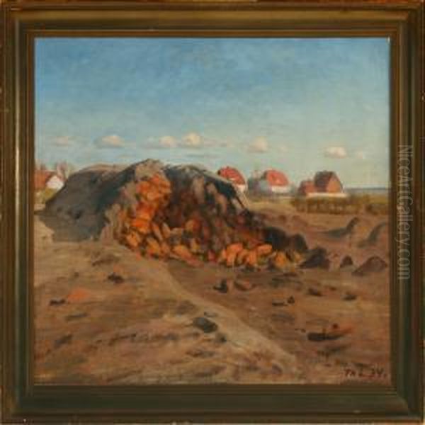 Field With Clamp, In The Background Houses Oil Painting by Thorvald Larsen