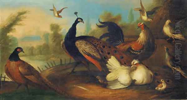 A peacock and other birds in an ornamental garden Oil Painting by Marmaduke Cradock