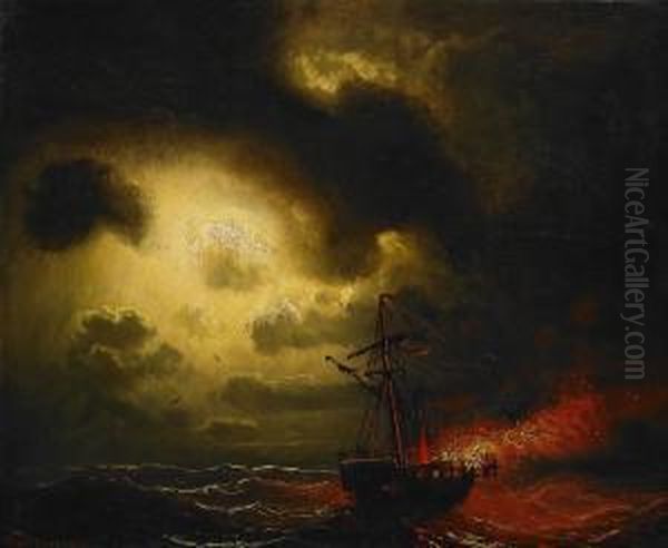 Dramatiskt Kustlandskap Med Angbat I Brand Oil Painting by Marcus Larson